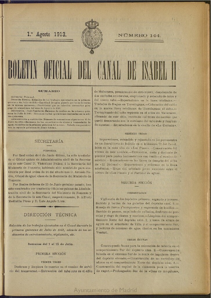 Miniatura de Boletín Oficial del Canal de Isabel II del 1 de agosto de 1913, nº 144