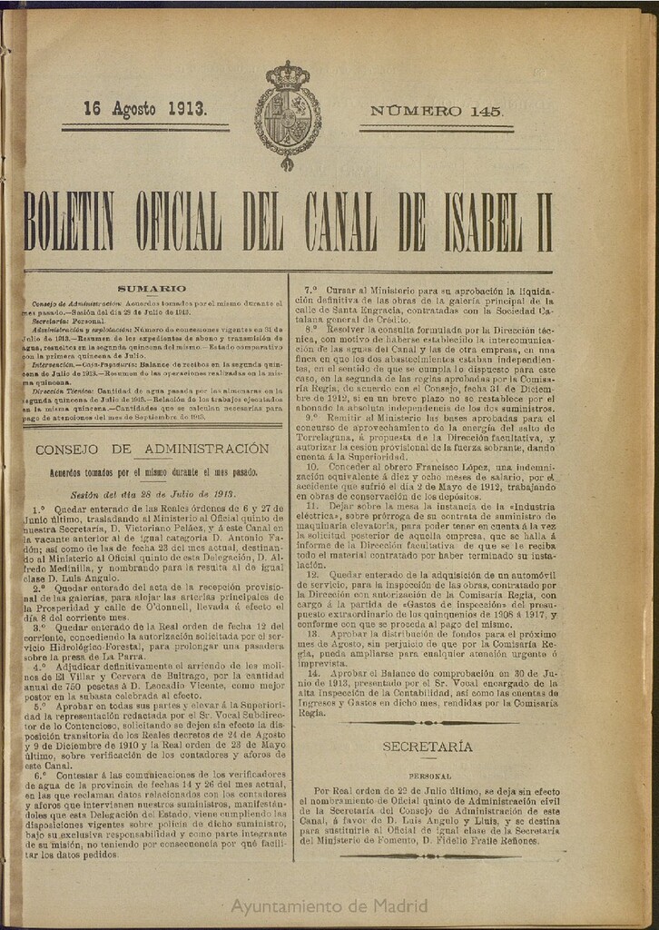 Miniatura de Boletín Oficial del Canal de Isabel II del 16 de agosto de 1913, nº 145