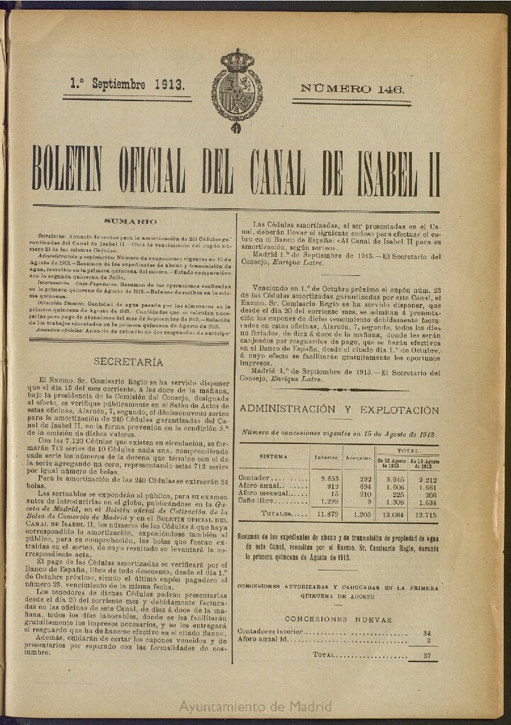Miniatura de Boletín Oficial del Canal de Isabel II del 1 de septiembre de 1913, nº 146