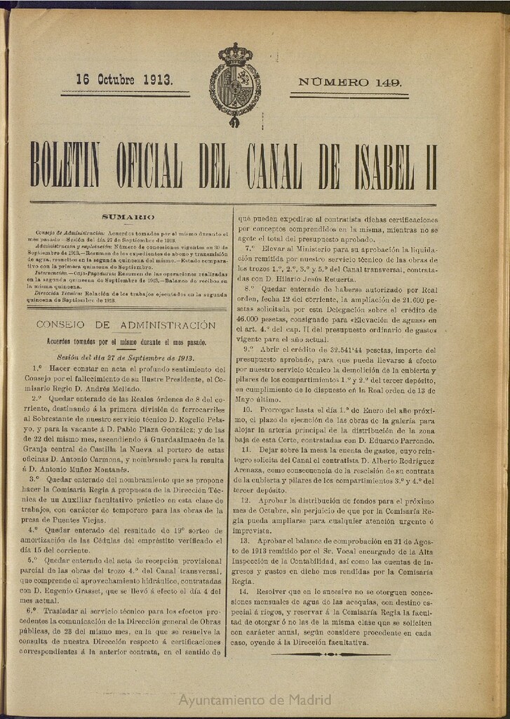 Miniatura de Boletín Oficial del Canal de Isabel II del 16 de octubre de 1913, nº 149