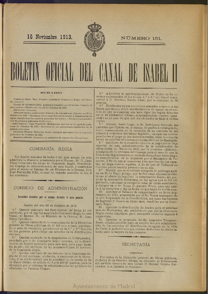 Miniatura de Boletín Oficial del Canal de Isabel II del 16 de noviembre de 1913, nº 151