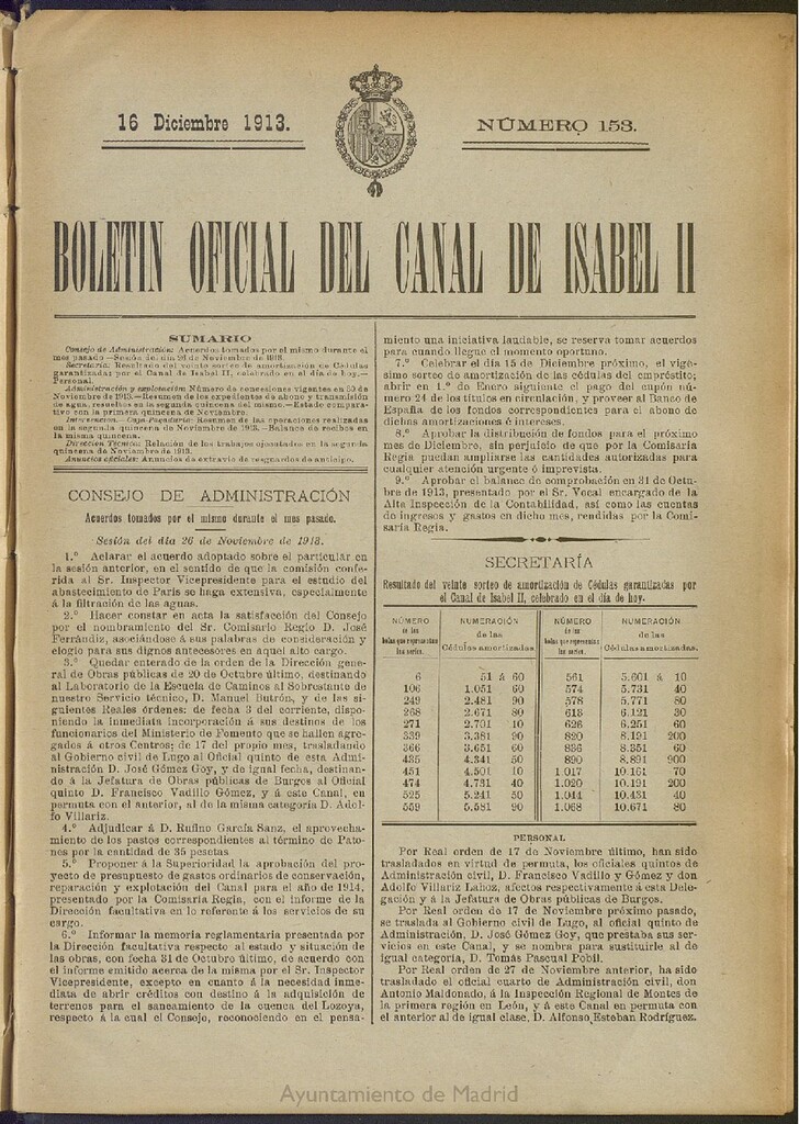 Miniatura de Boletín Oficial del Canal de Isabel II del 16 de diciembre de 1913, nº 153