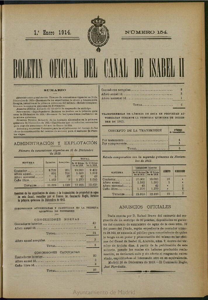 Miniatura de Boletín Oficial del Canal de Isabel II del 1 de enero de 1914, nº 154