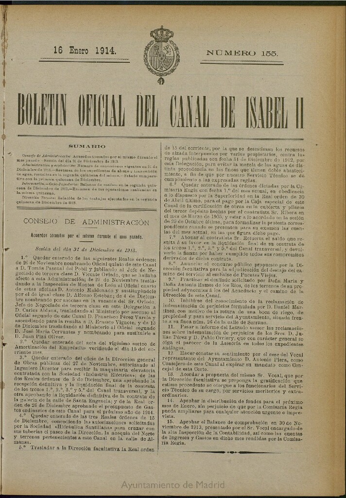 Miniatura de Boletín Oficial del Canal de Isabel II del 16 de enero de 1914, nº 155