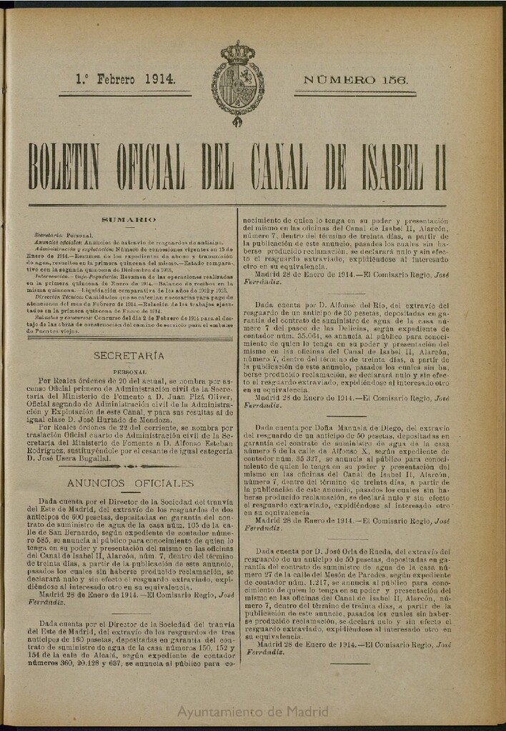 Miniatura de Boletín Oficial del Canal de Isabel II del 1 de febrero de 1914, nº 156