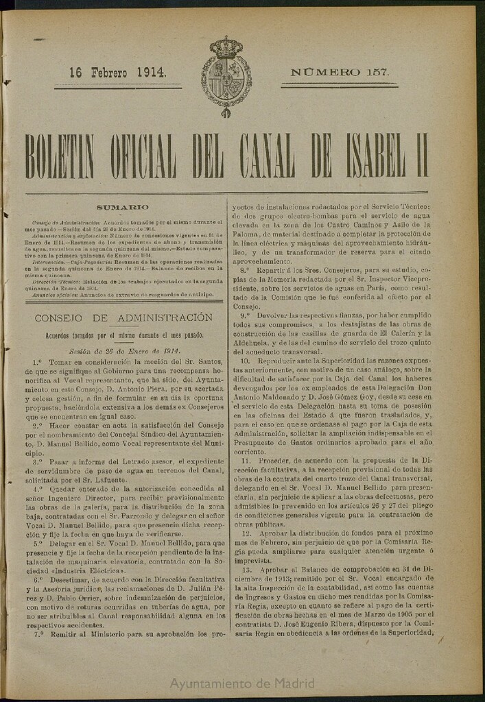 Miniatura de Boletín Oficial del Canal de Isabel II del 16 de febrero de 1914, nº 157