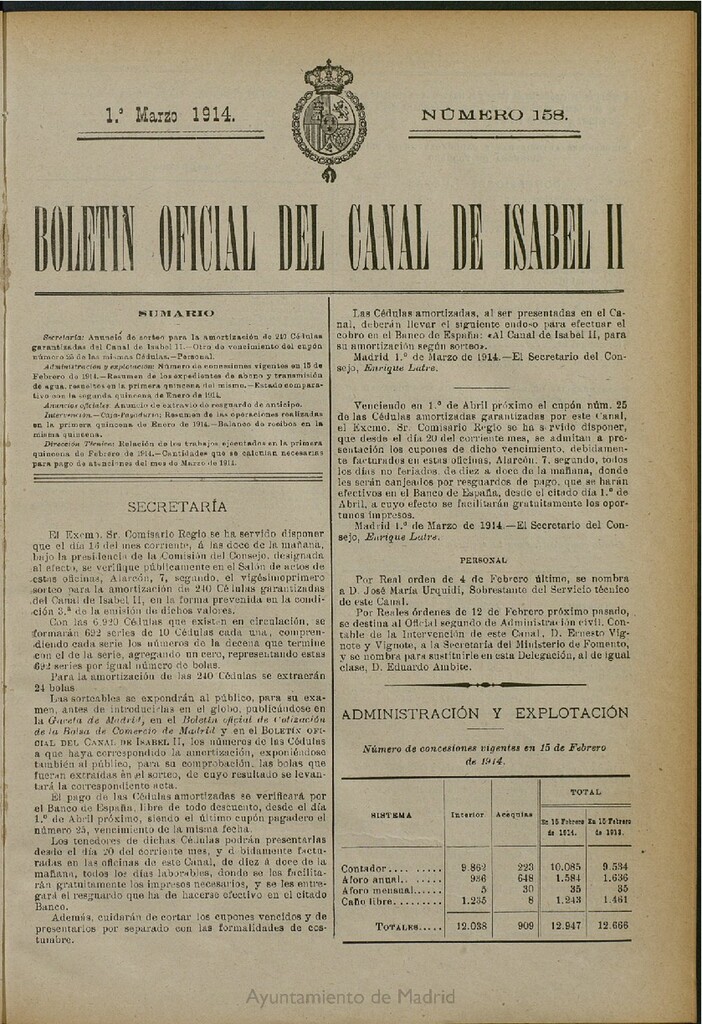 Miniatura de Boletín Oficial del Canal de Isabel II del 1 de marzo de 1914, nº 158