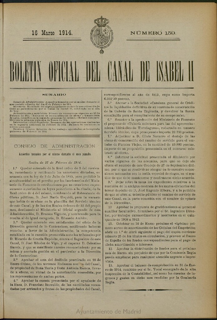 Miniatura de Boletín Oficial del Canal de Isabel II del 16 de marzo de 1914, nº 159