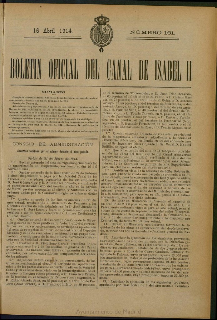 Miniatura de Boletín Oficial del Canal de Isabel II del 16 de abril de 1914, nº 161