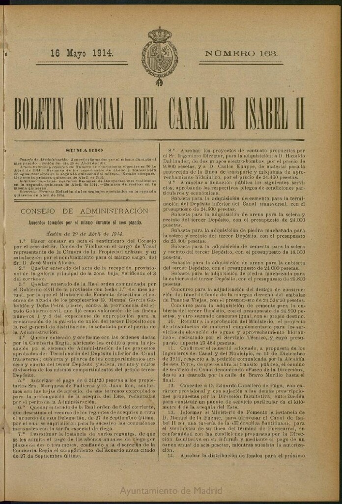 Miniatura de Boletín Oficial del Canal de Isabel II del 16 de mayo de 1914, nº 163