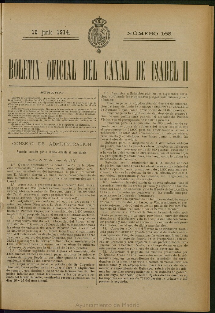 Miniatura de Boletín Oficial del Canal de Isabel II del 16 de junio de 1914, nº 165