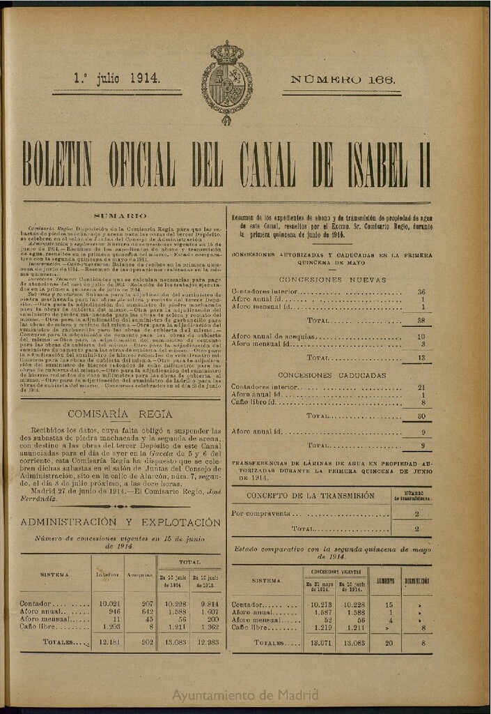 Miniatura de Boletín Oficial del Canal de Isabel II del 1 de julio de 1914, nº 166