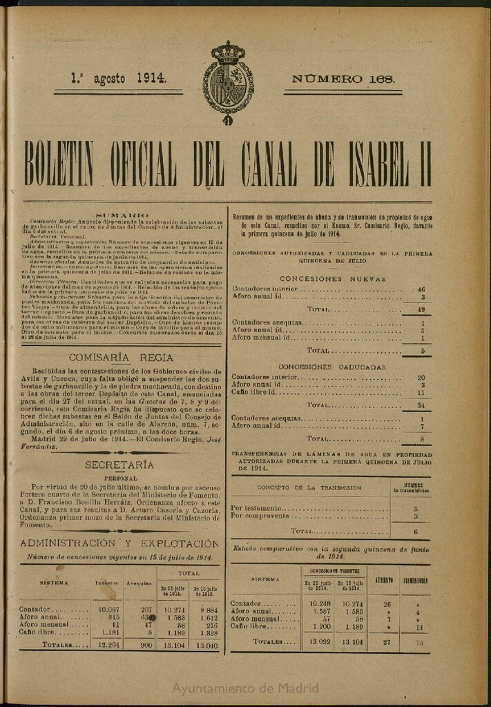 Miniatura de Boletín Oficial del Canal de Isabel II del 1 de agosto de 1914, nº 168