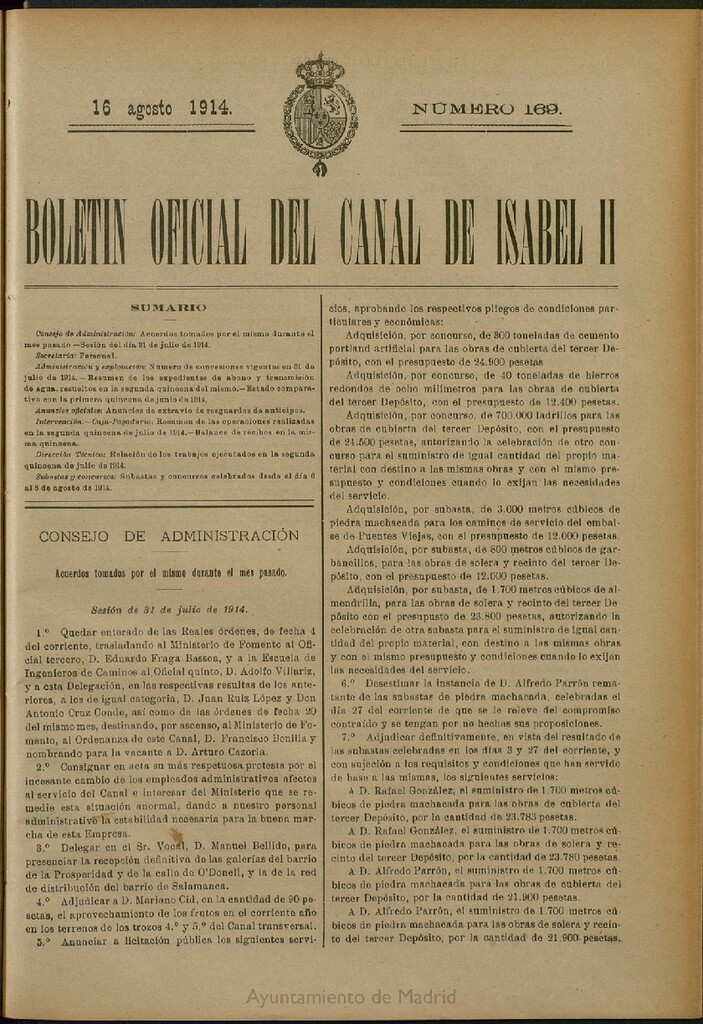 Miniatura de Boletín Oficial del Canal de Isabel II del 16 de agosto de 1914, nº 169