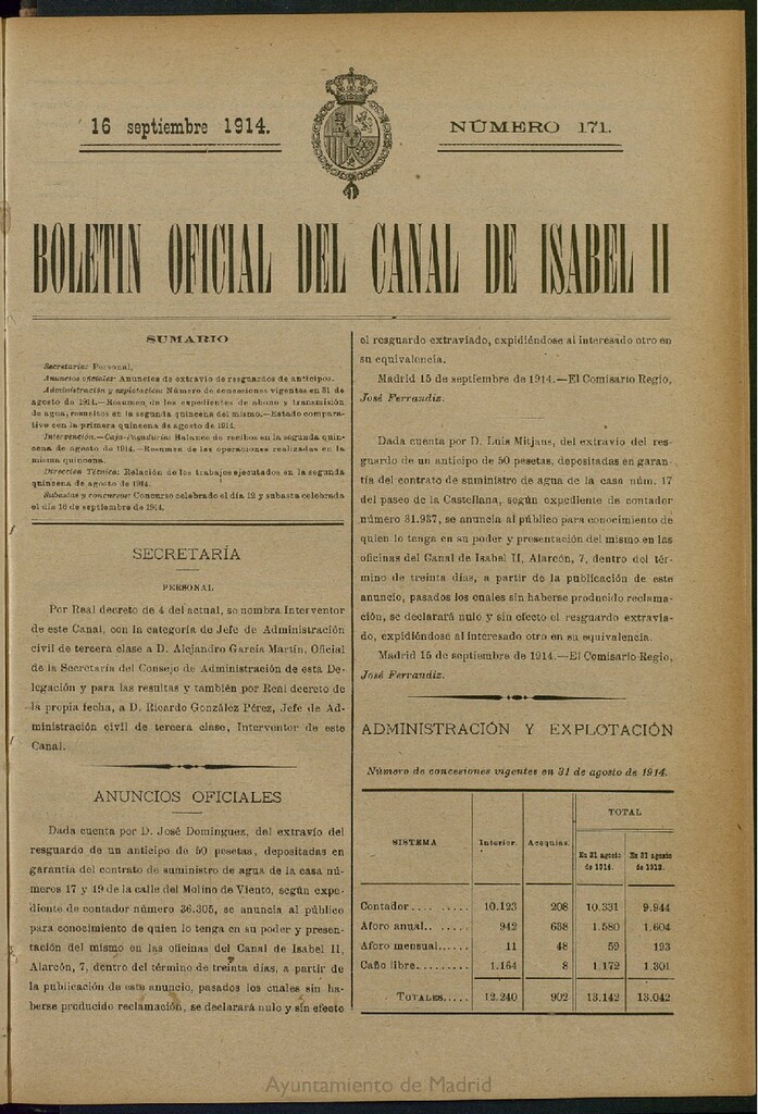 Miniatura de Boletín Oficial del Canal de Isabel II del 16 de septiembre de 1914, nº 171