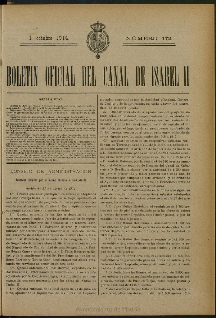 Miniatura de Boletín Oficial del Canal de Isabel II del 1 de octubre de 1914, nº 172