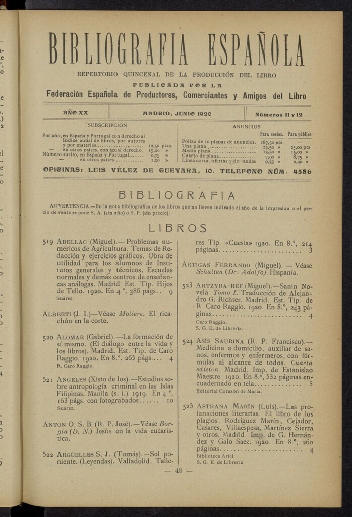 Miniatura de Bibliografía Española de junio de 1920