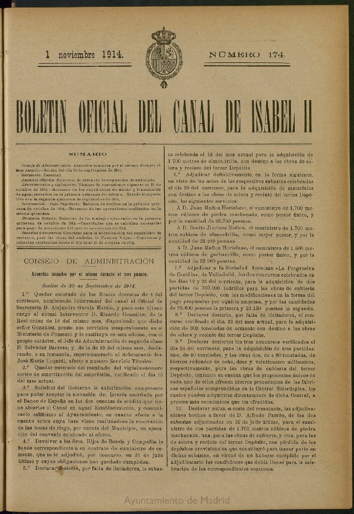 Miniatura de Boletín Oficial del Canal de Isabel II del 1 de noviembre de 1914, nº 174