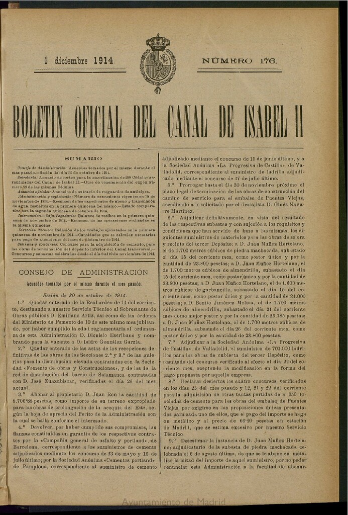 Miniatura de Boletín Oficial del Canal de Isabel II del 1 de diciembre de 1914, nº 176