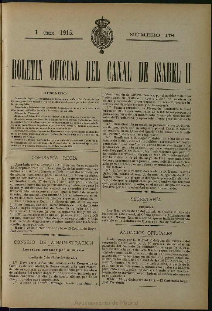 Miniatura de Boletín Oficial del Canal de Isabel II del 1 de enero de 1915, nº 178