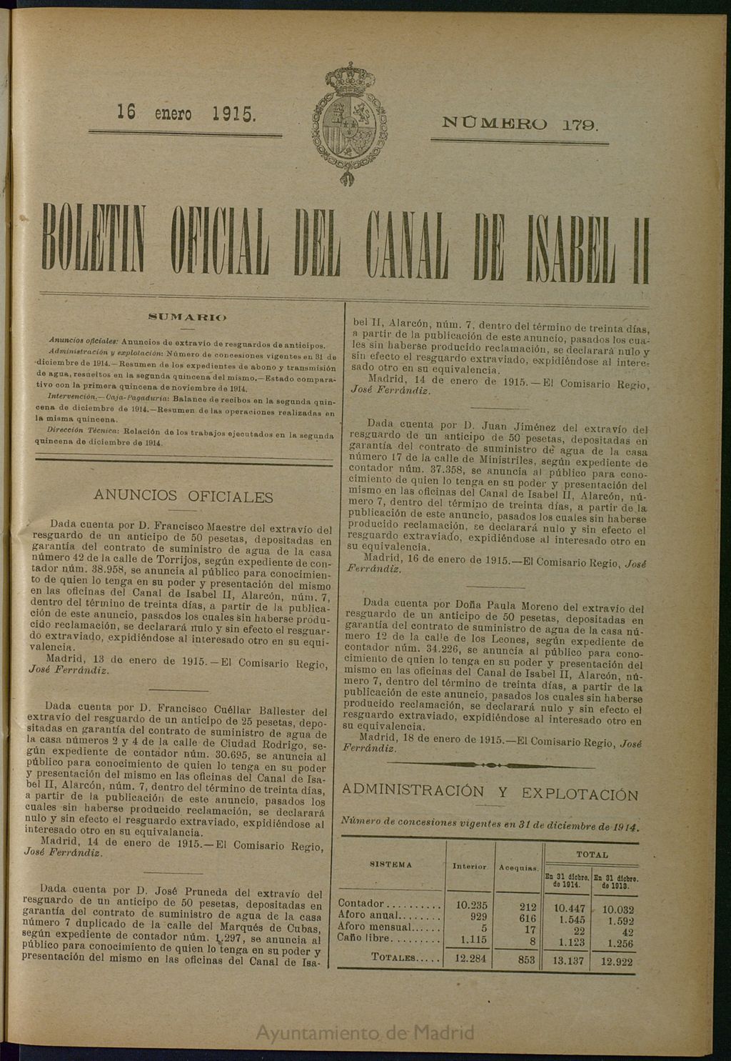 Miniatura de Boletín Oficial del Canal de Isabel II del 16 de enero de 1915, nº 179