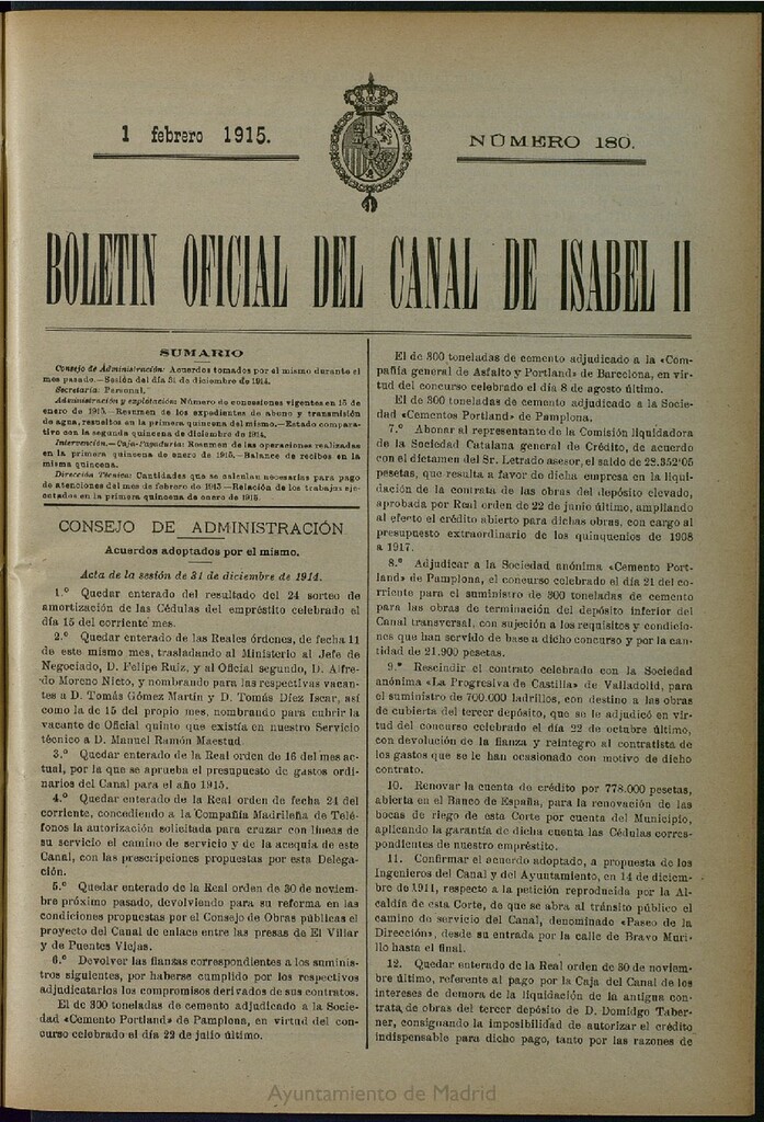Miniatura de Boletín Oficial del Canal de Isabel II del 1 de febrero de 1915, nº 180