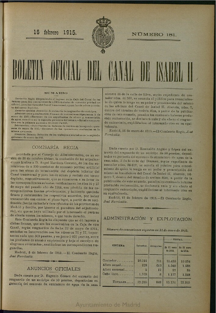 Miniatura de Boletín Oficial del Canal de Isabel II del 16 de febrero de 1915, nº 181