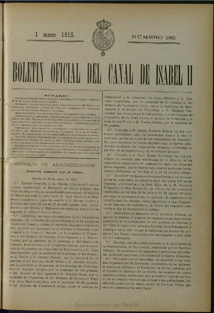 Miniatura de Boletín Oficial del Canal de Isabel II del 1 de marzo de 1915, nº 182