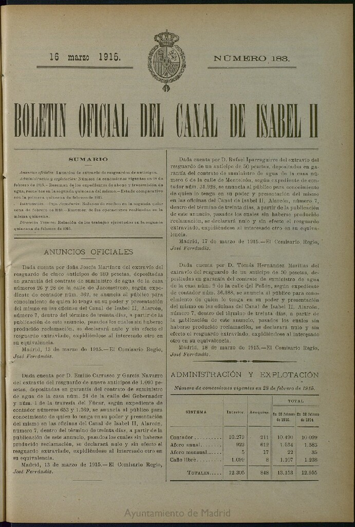 Miniatura de Boletín Oficial del Canal de Isabel II del 16 de marzo de 1915, nº 183