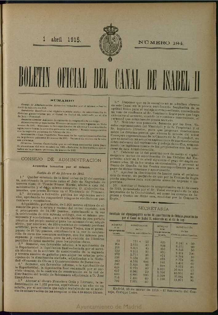 Miniatura de Boletín Oficial del Canal de Isabel II del 1 de abril de 1915, nº 184