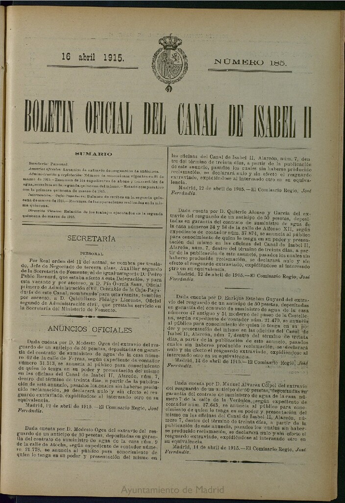 Miniatura de Boletín Oficial del Canal de Isabel II del 16 de abril de 1915, nº 185