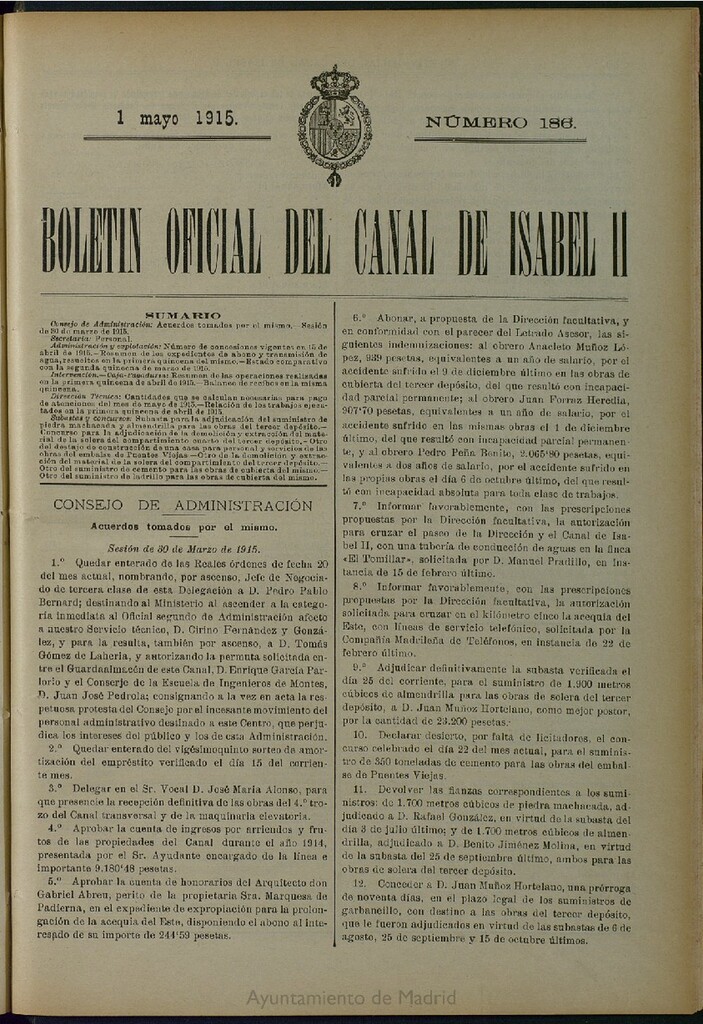Miniatura de Boletín Oficial del Canal de Isabel II del 1 de mayo de 1915, nº 186