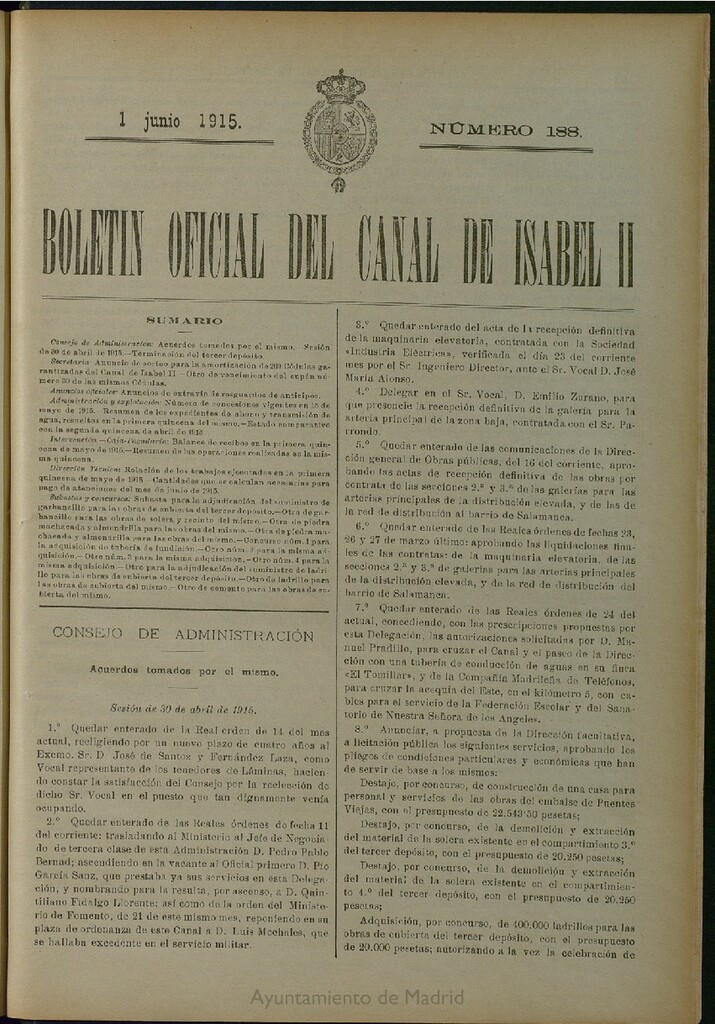 Miniatura de Boletín Oficial del Canal de Isabel II del 1 de junio de 1915, nº 188