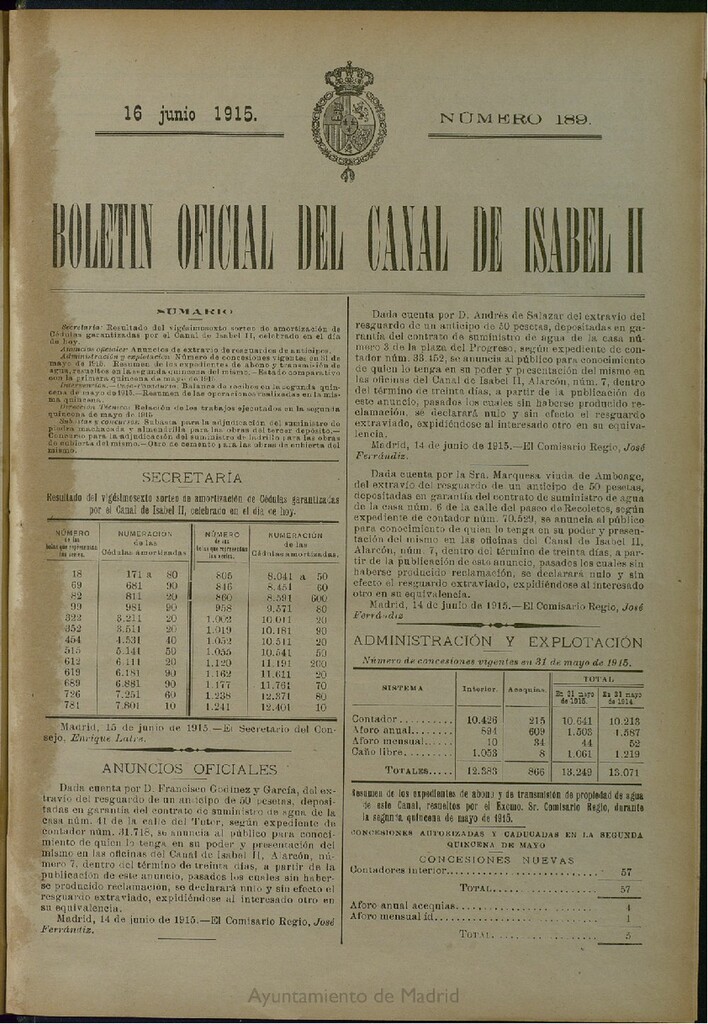 Miniatura de Boletín Oficial del Canal de Isabel II del 16 de junio de 1915, nº 189