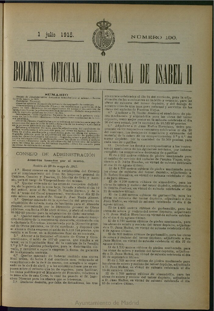 Miniatura de Boletín Oficial del Canal de Isabel II del 1 de julio de 1915, nº 190