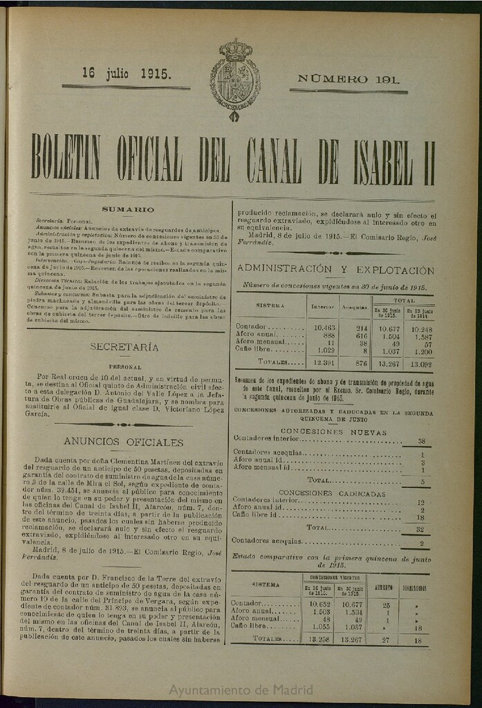 Miniatura de Boletín Oficial del Canal de Isabel II del 16 de julio de 1915, nº 191