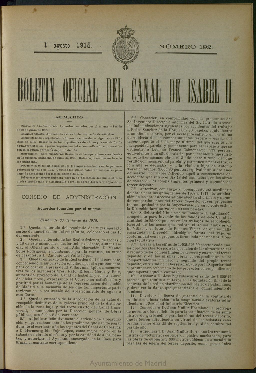 Miniatura de Boletín Oficial del Canal de Isabel II del 1 de agosto de 1915, nº 192