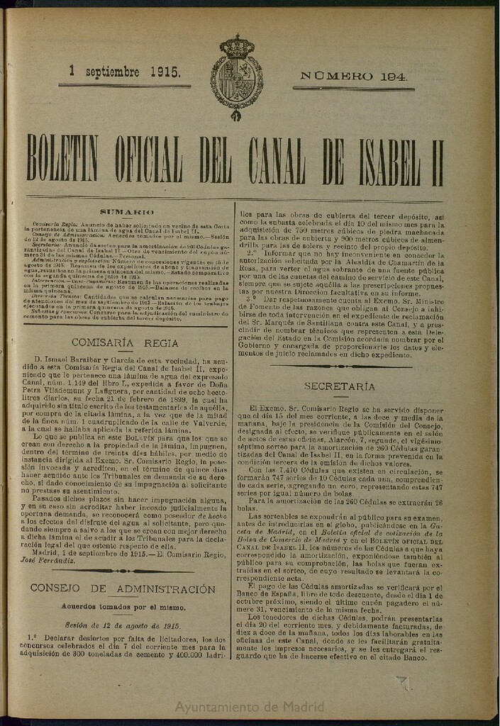 Miniatura de Boletín Oficial del Canal de Isabel II del 1 de septiembre de 1915, nº 194