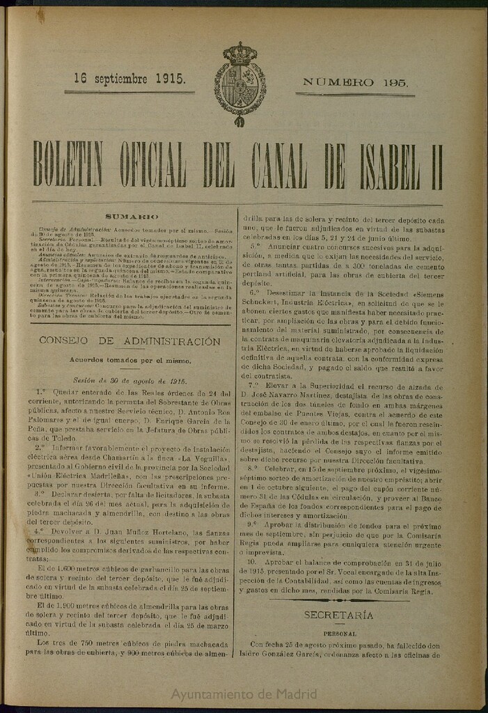 Miniatura de Boletín Oficial del Canal de Isabel II del 16 de septiembre de 1915, nº 195