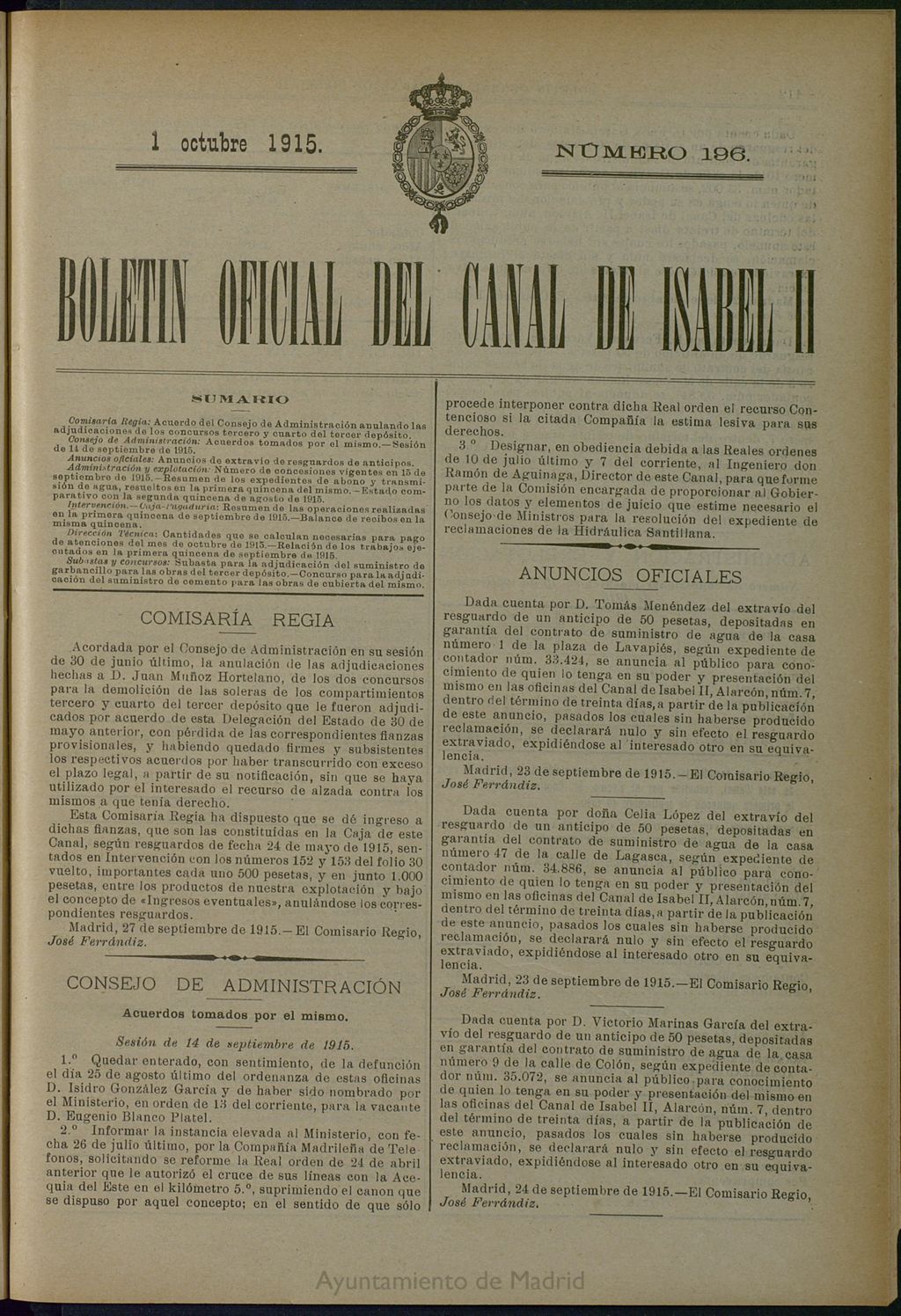 Miniatura de Boletín Oficial del Canal de Isabel II del 1 de octubre de 1915, nº 196