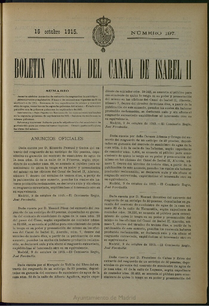 Miniatura de Boletín Oficial del Canal de Isabel II del 16 de octubre de 1915, nº 197