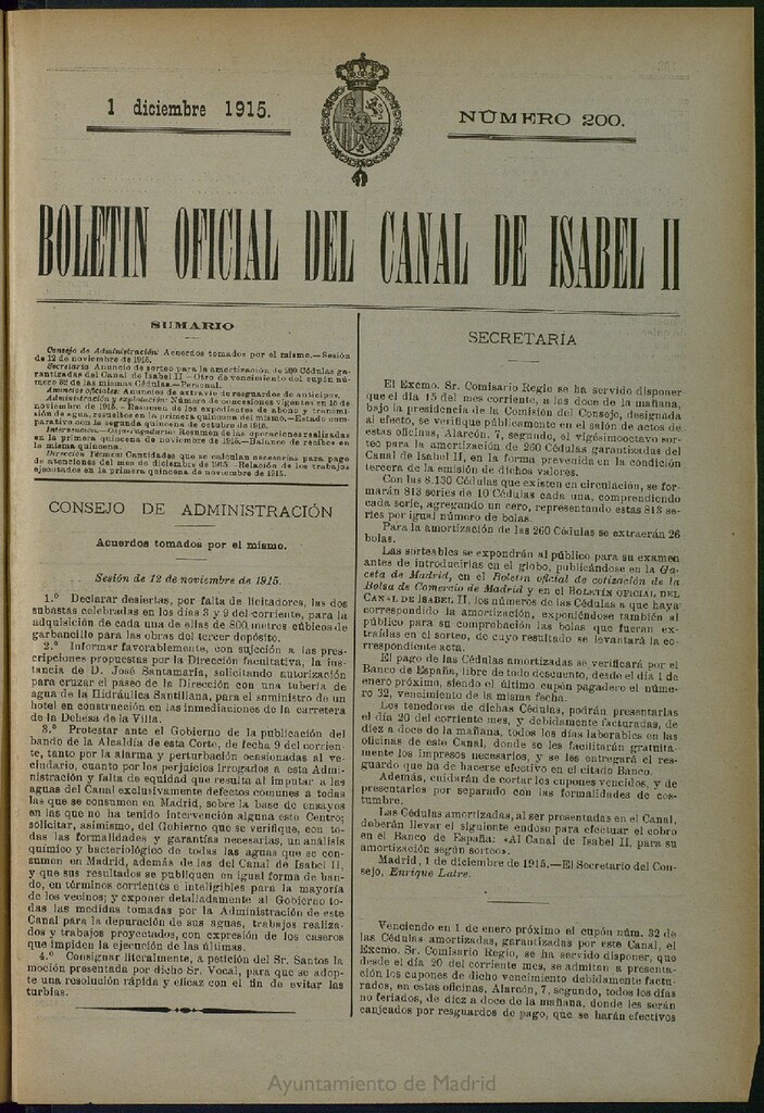 Miniatura de Boletín Oficial del Canal de Isabel II del 1 de diciembre de 1915, nº 200