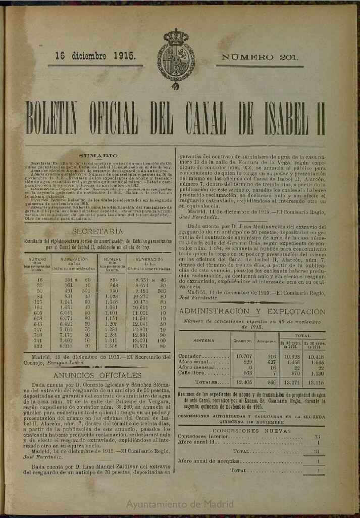 Miniatura de Boletín Oficial del Canal de Isabel II del 16 de diciembre de 1915, nº 201