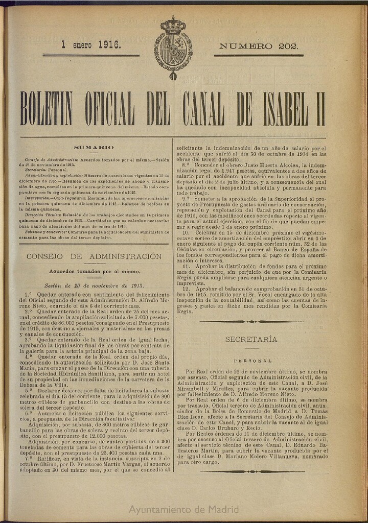 Miniatura de Boletín Oficial del Canal de Isabel II del 1 de enero de 1916, nº 202