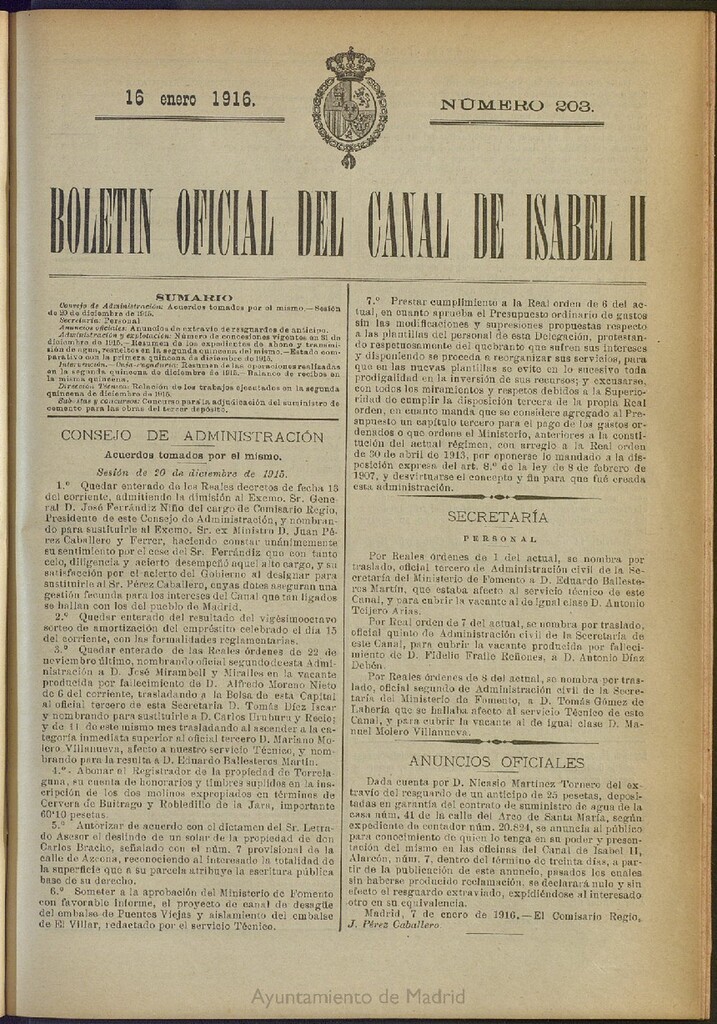 Miniatura de Boletín Oficial del Canal de Isabel II del 16 de enero de 1916, nº 203