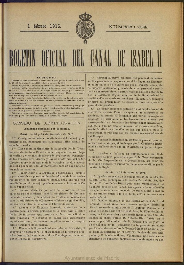 Miniatura de Boletín Oficial del Canal de Isabel II del 1 de febrero de 1916, nº 204
