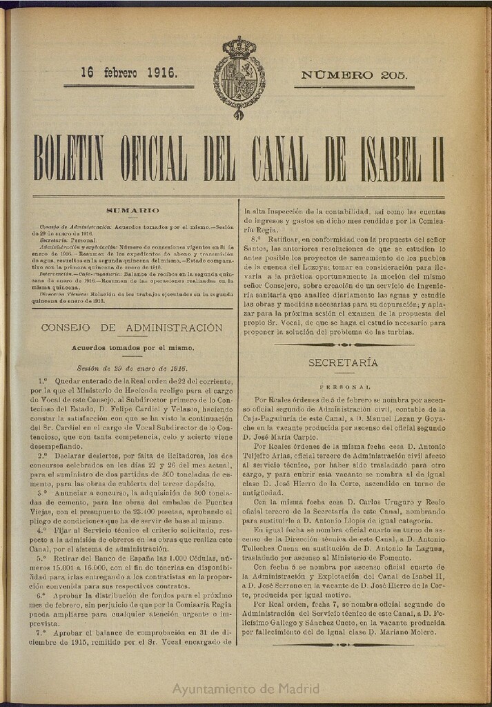 Miniatura de Boletín Oficial del Canal de Isabel II del 16 de febrero de 1916, nº 205
