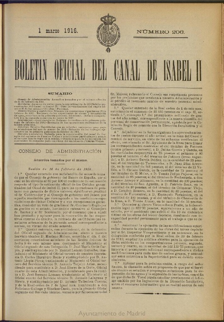 Miniatura de Boletín Oficial del Canal de Isabel II del 1 de marzo de 1916, nº 206