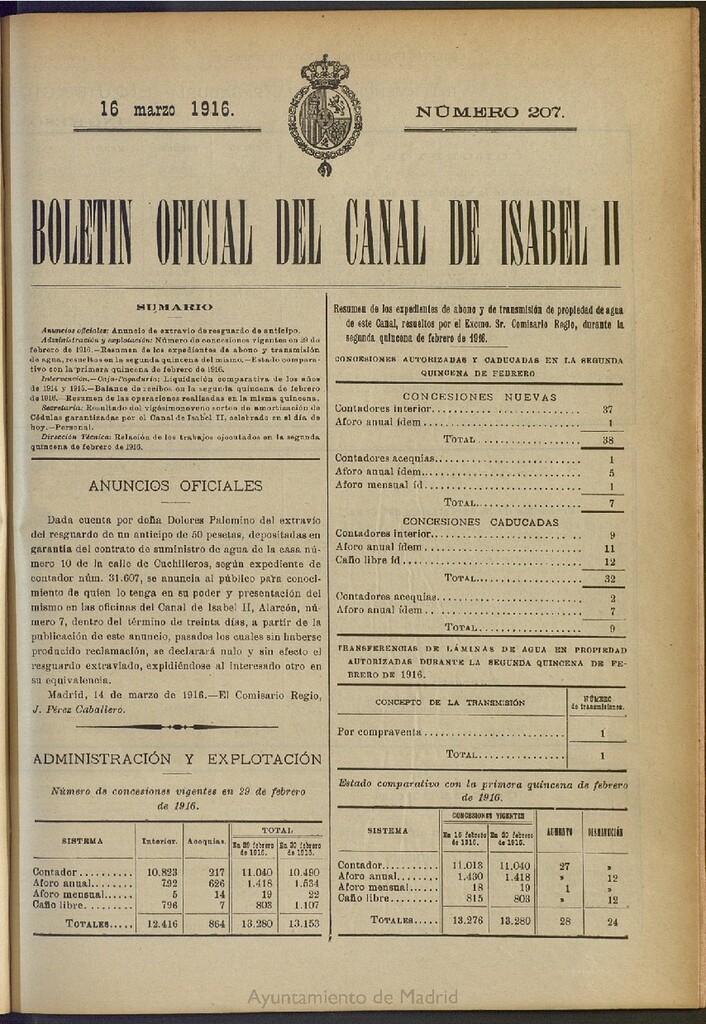 Miniatura de Boletín Oficial del Canal de Isabel II del 16 de marzo de 1916, nº 207