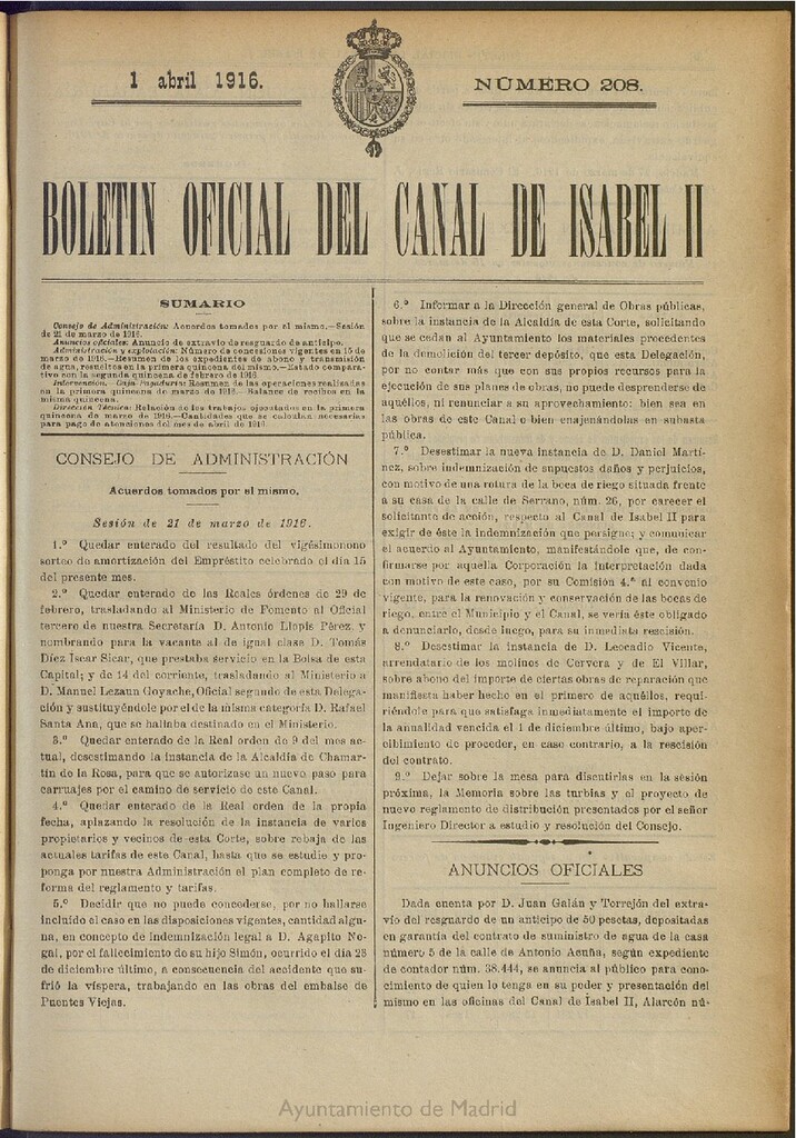 Miniatura de Boletín Oficial del Canal de Isabel II del 1 de abril de 1916, nº 208